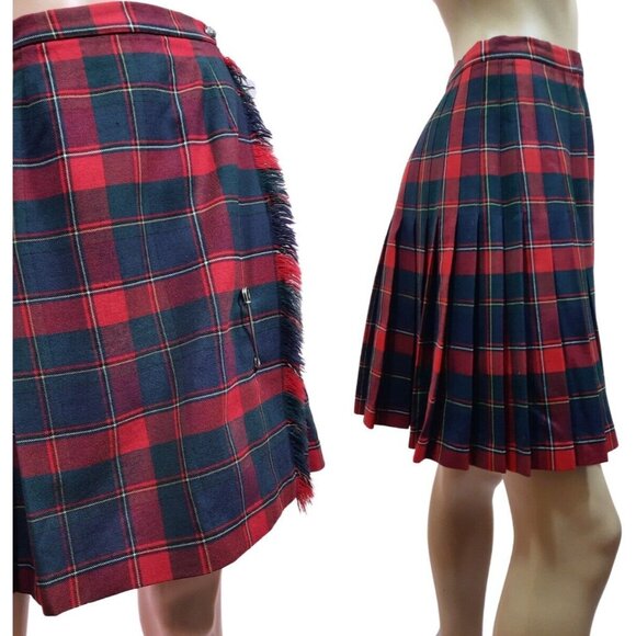 Vintage 60s Plaid Mini Skirt Womens S Red Tartan Wool Pleated Schoolgirl Grunge - Picture 1 of 8